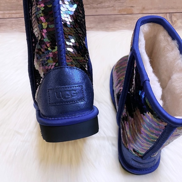 UGG Women’s Classic Short Sequin Blue Boots - Picture 4 of 9